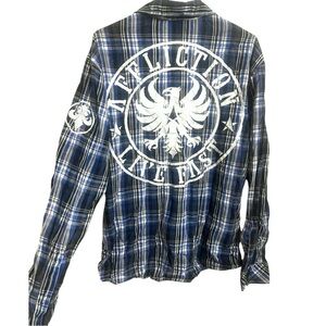 Affliction Blue Black Plaid Grunge Western Long Sleeve Button Down Shirt XL